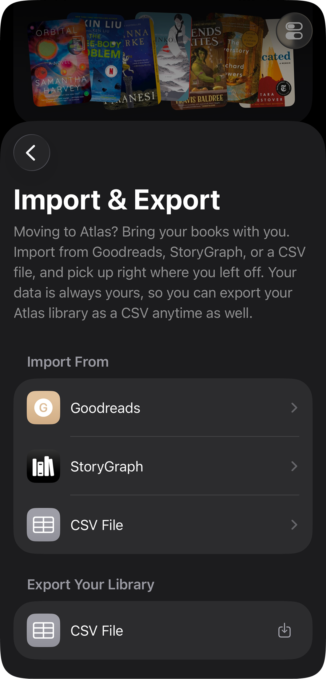 Atlas Import and Export screen with Goodreads, StoryGraph, and CSV options